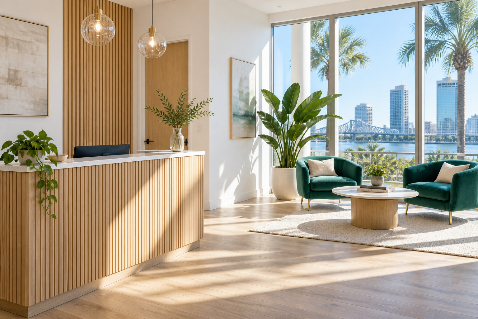 Sunlight across a bright office reception with teal chairs and greenery